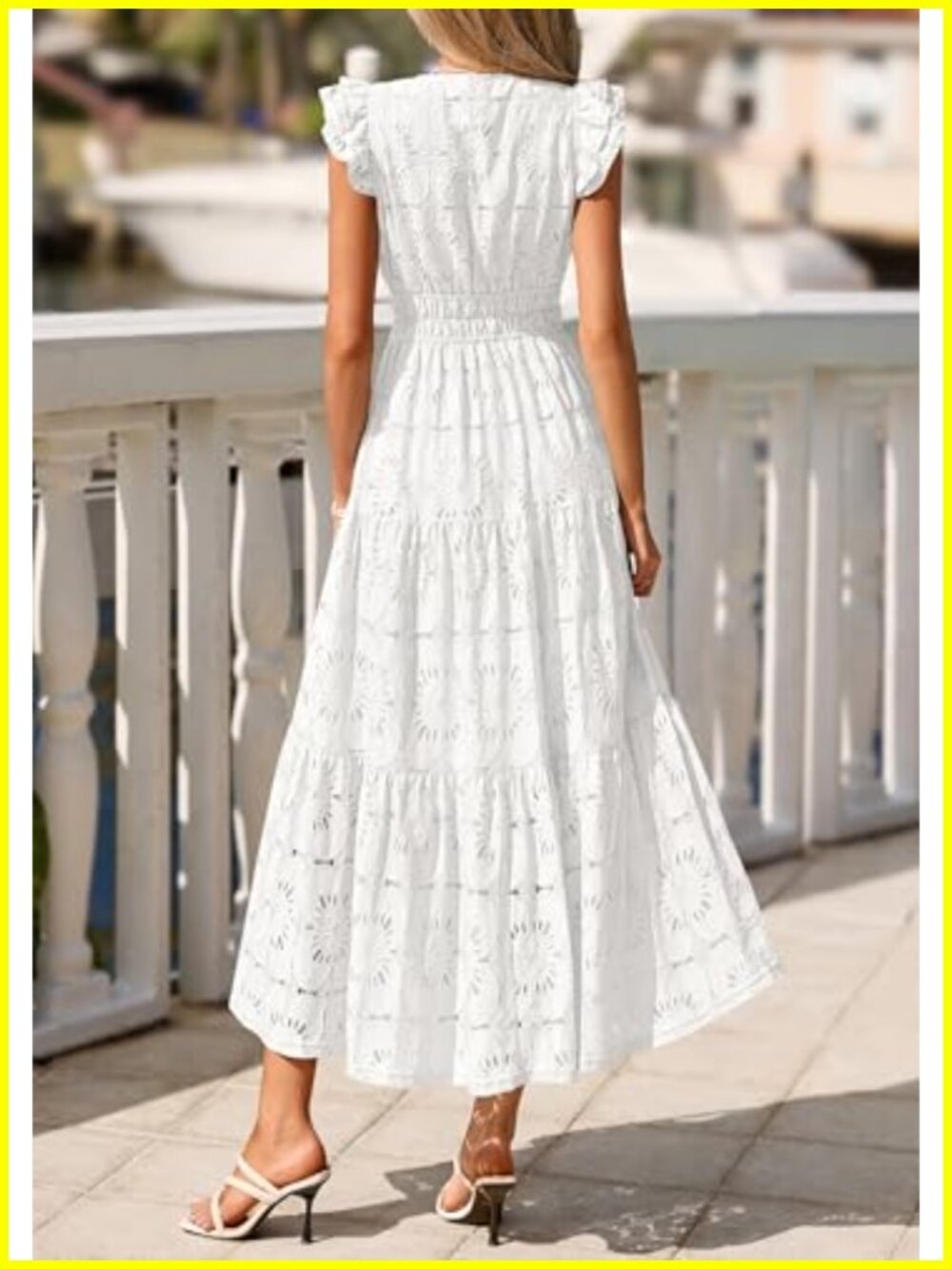 Women's Boho Eyelet Maxi Dress V-Neck Flutter Sleeve - Picture 3 of 6